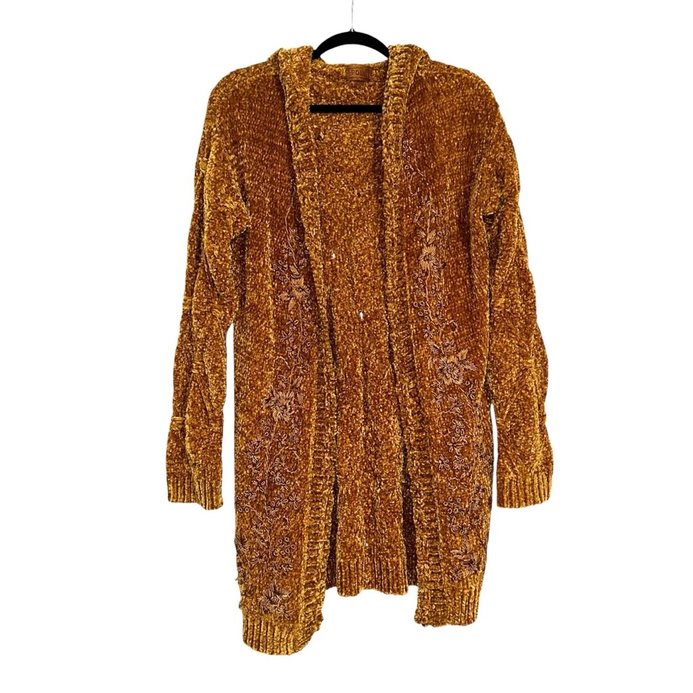 POL Chenille Yellow Open Front Embroidered Long Cardigan Sweater Duster MEDIUM